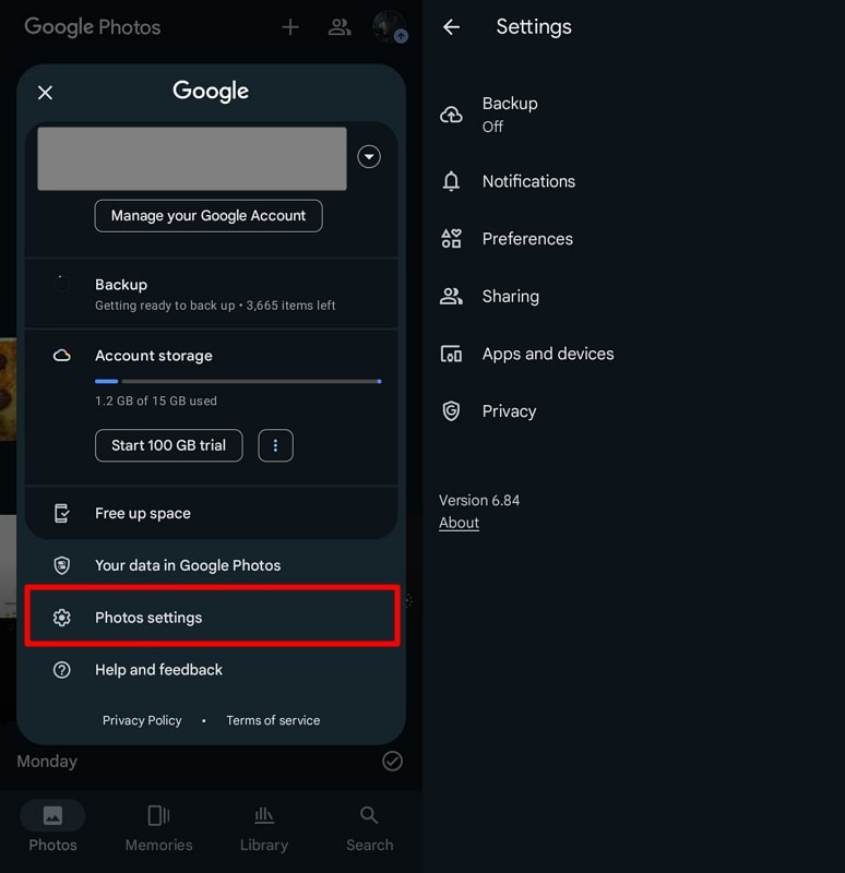 access the photos settings