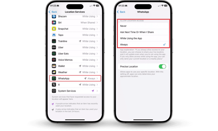 Choose Always in iPhone