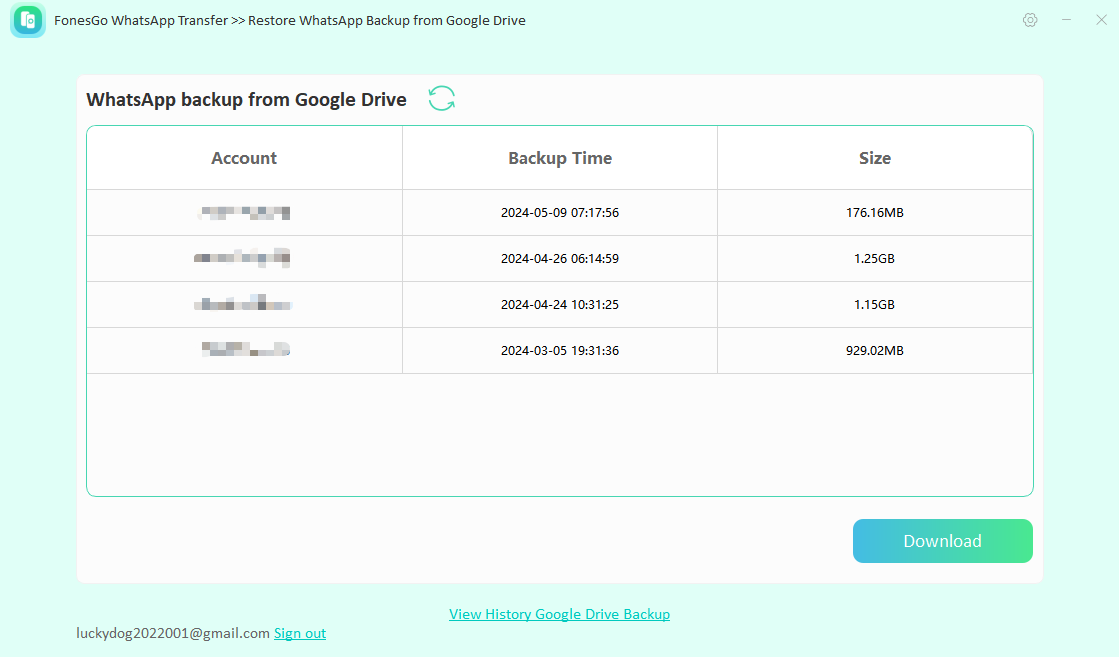 fonesgo whatsapp transfer-backup from google drive