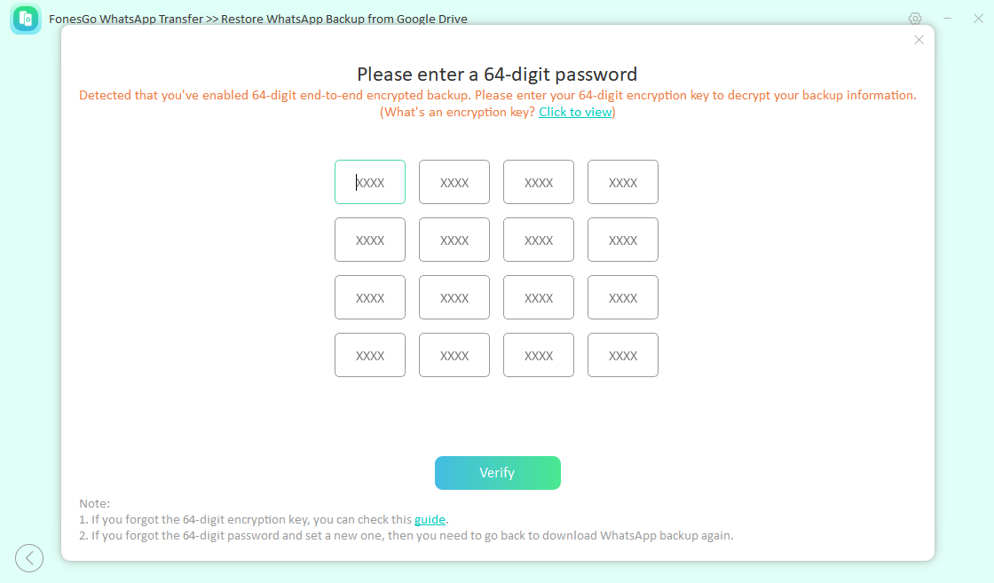 fonesgo whatsapp transfer-64 digit password