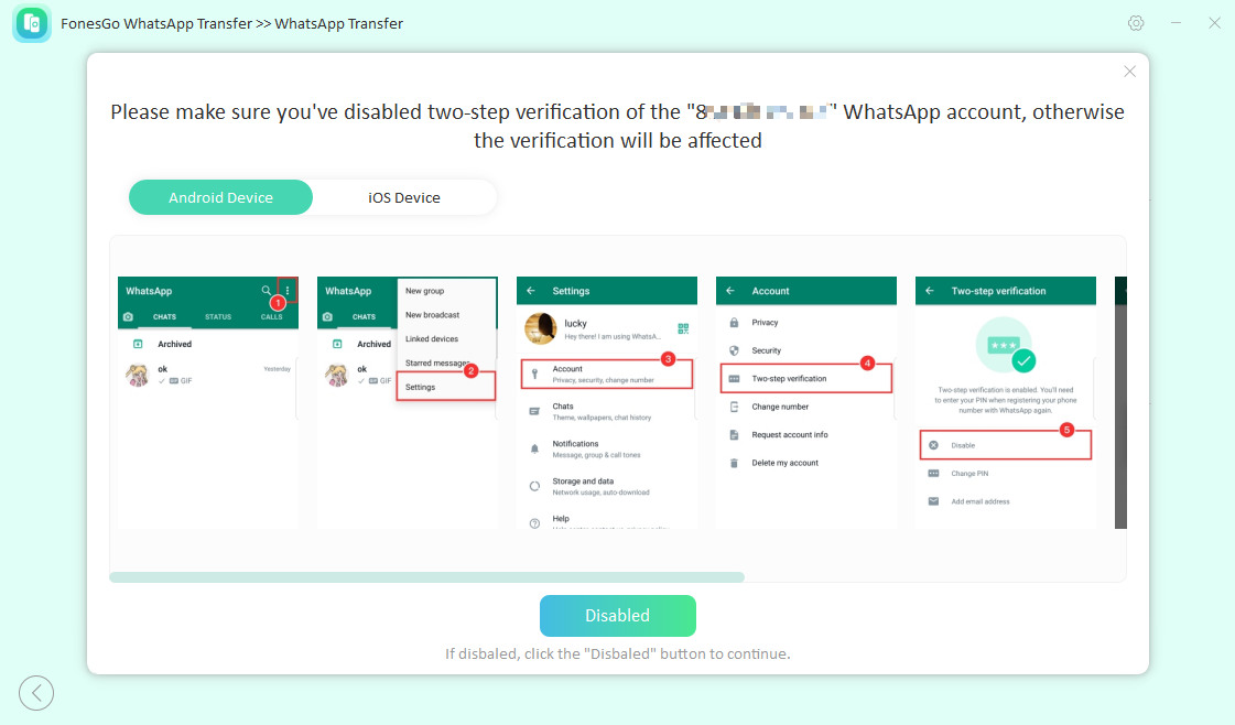 fonesgo whatsapp transfer-two step verification