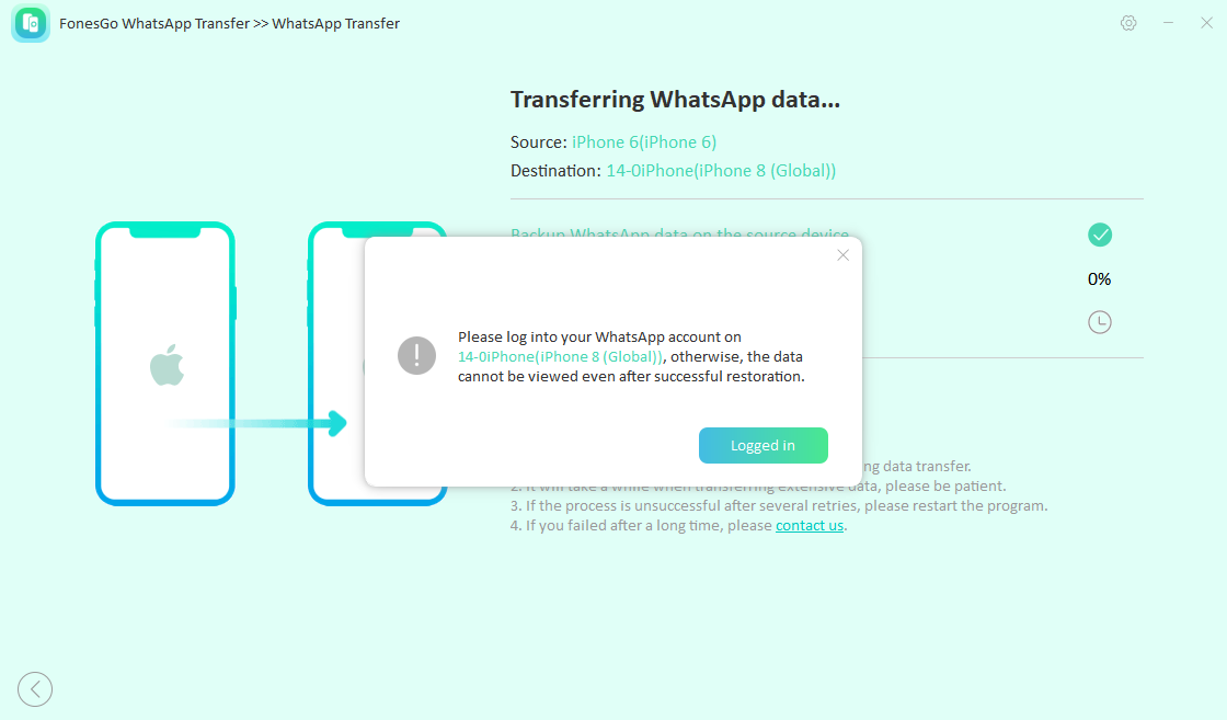 fonesgo whatsapp transfer-logged in whatsapp