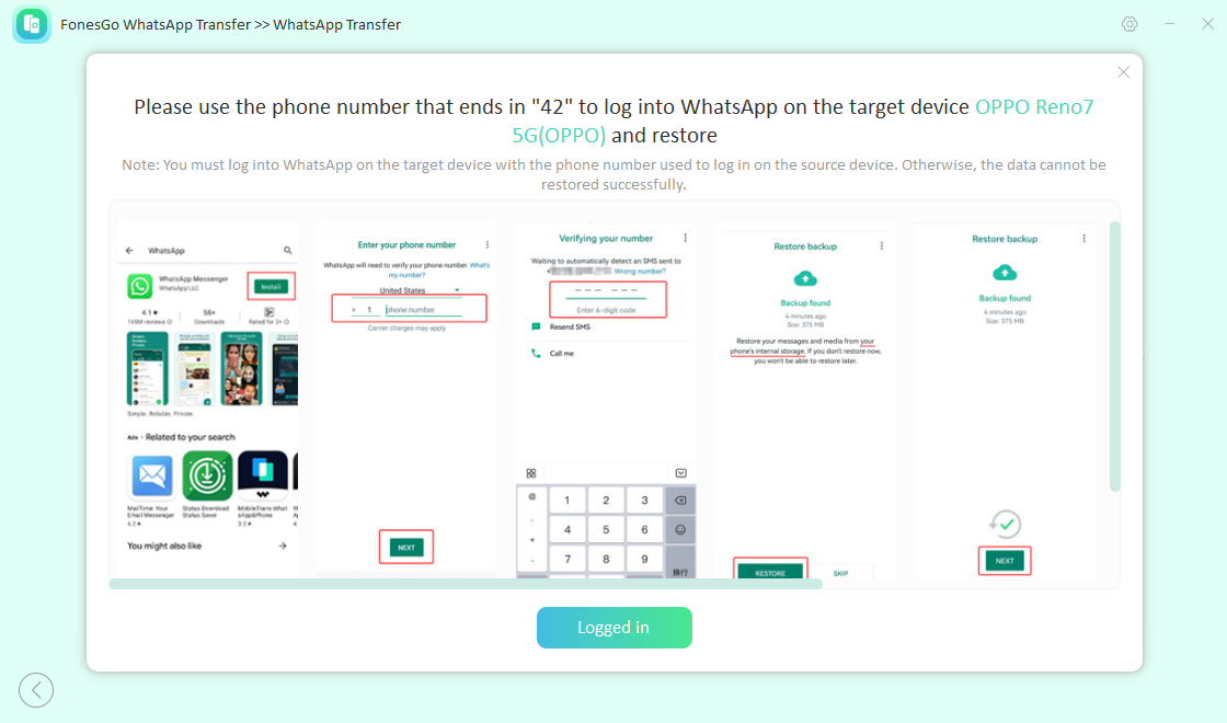 fonesgo whatsapp transfer-restore data