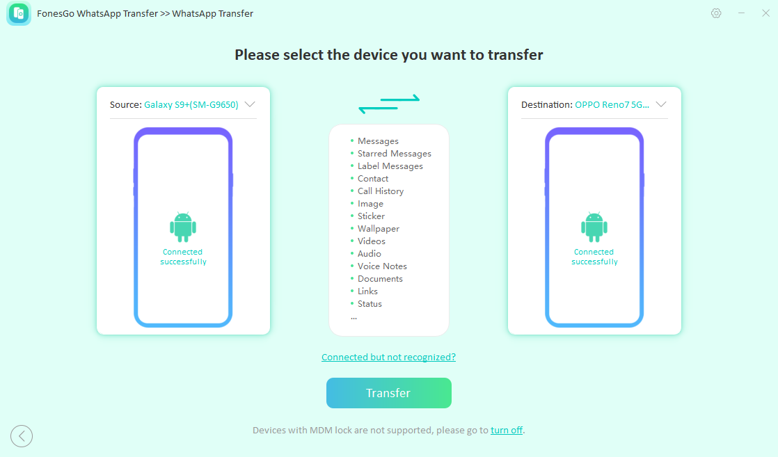 fonesgo whatsapp transfer-select transfer device