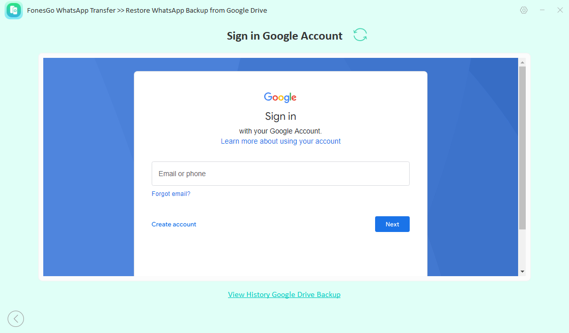 fonesgo whatsapp transfer-sign in google account