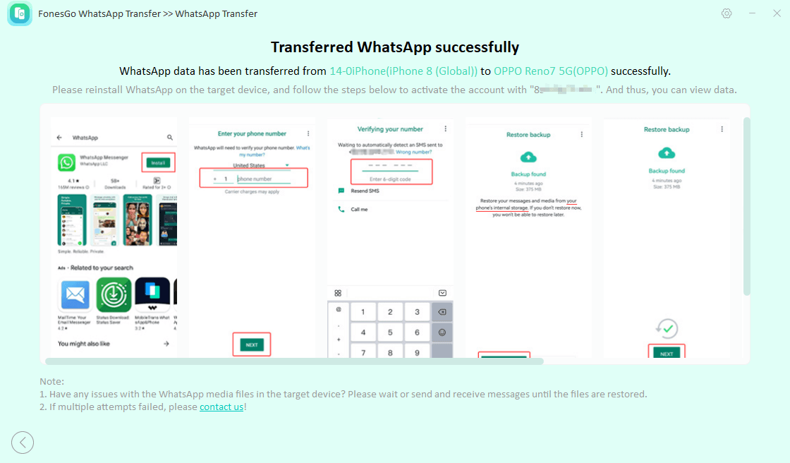 fonesgo whatsapp transfer-transfer succeed