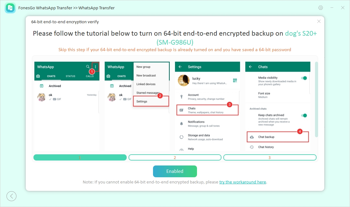 fonesgo whatsapp transfer guide - enbale whatsapp backup encryption
