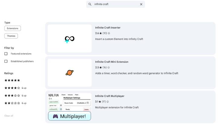 infinite craft chrome extension
