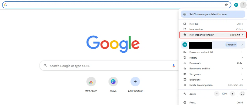 select new incognito window