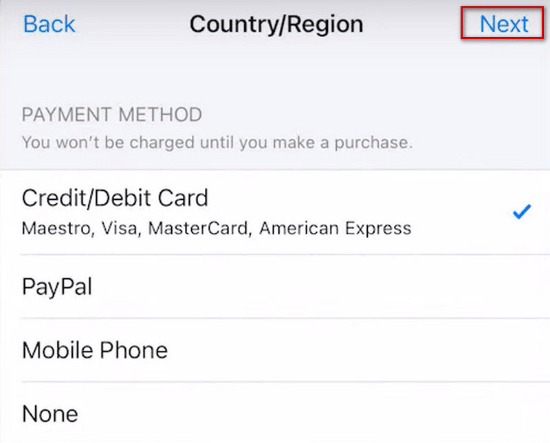select iphone payment option