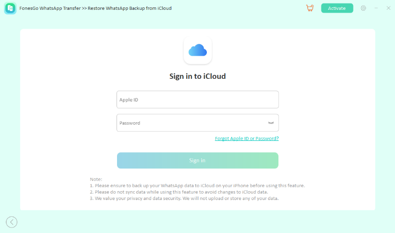 fonesgo sign into icloud