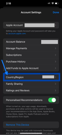 Tap Country or Region