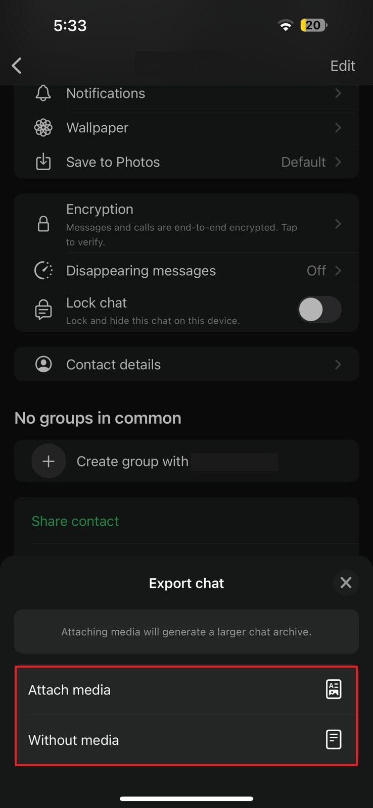 select the required export chat option