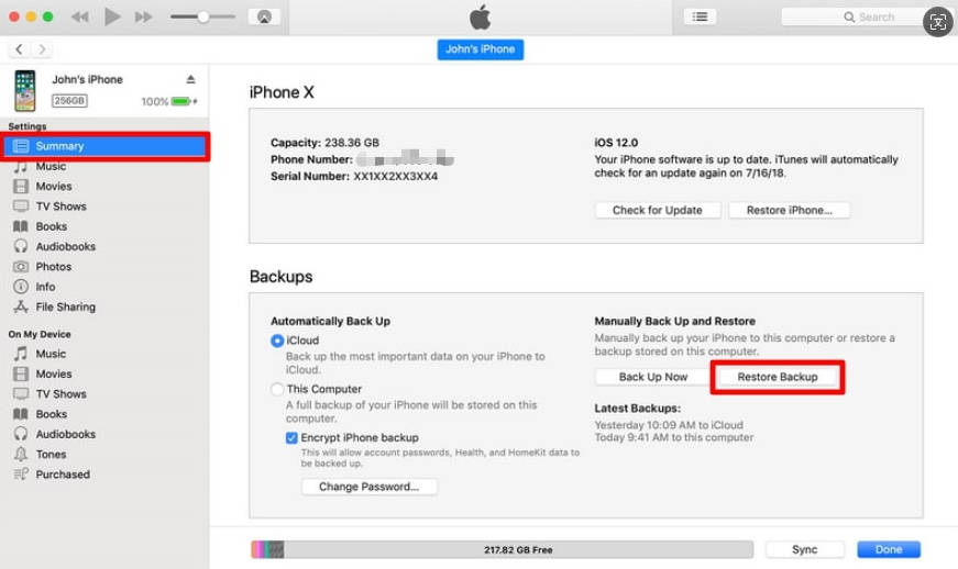 hit the restore backup button