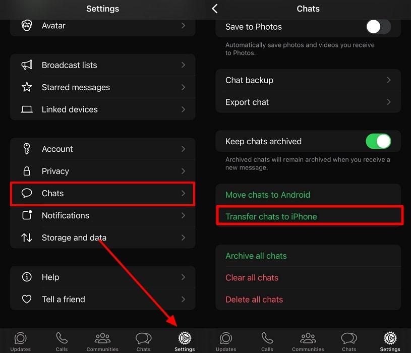 choose transfer chats to iphone option