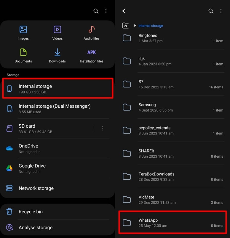 access the whatsapp folder